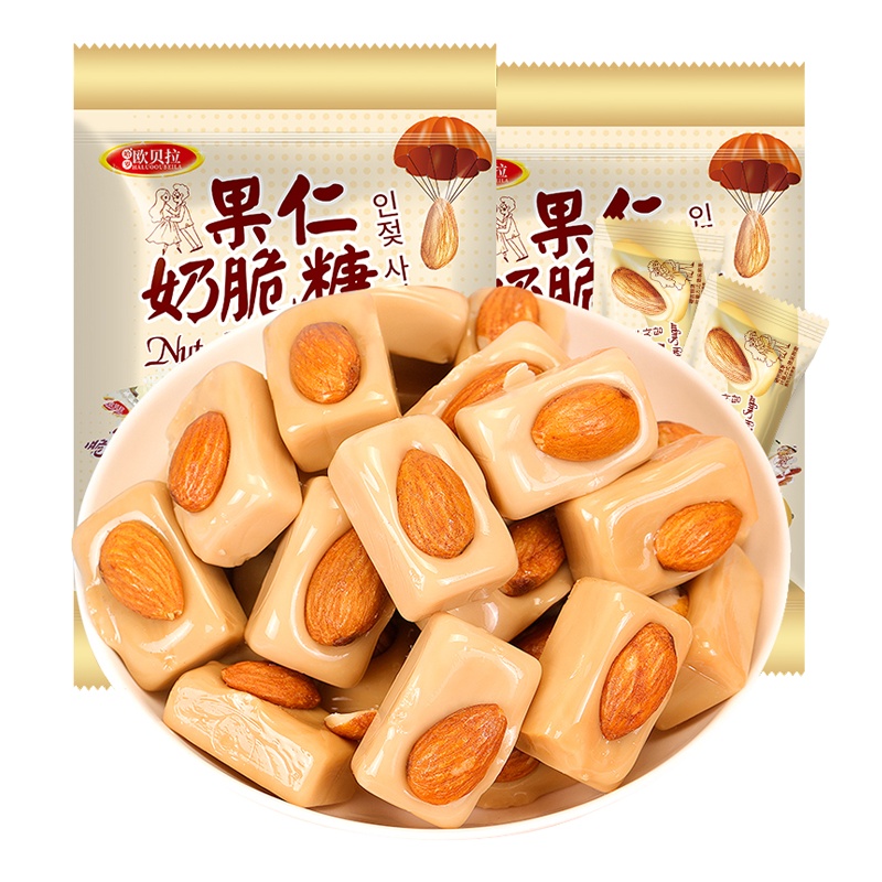 [99元任选12件]比比赞果仁奶脆巴旦木奶糖250g宿舍网红休闲糖果结婚喜糖散装年货批发 糖果 奶糖