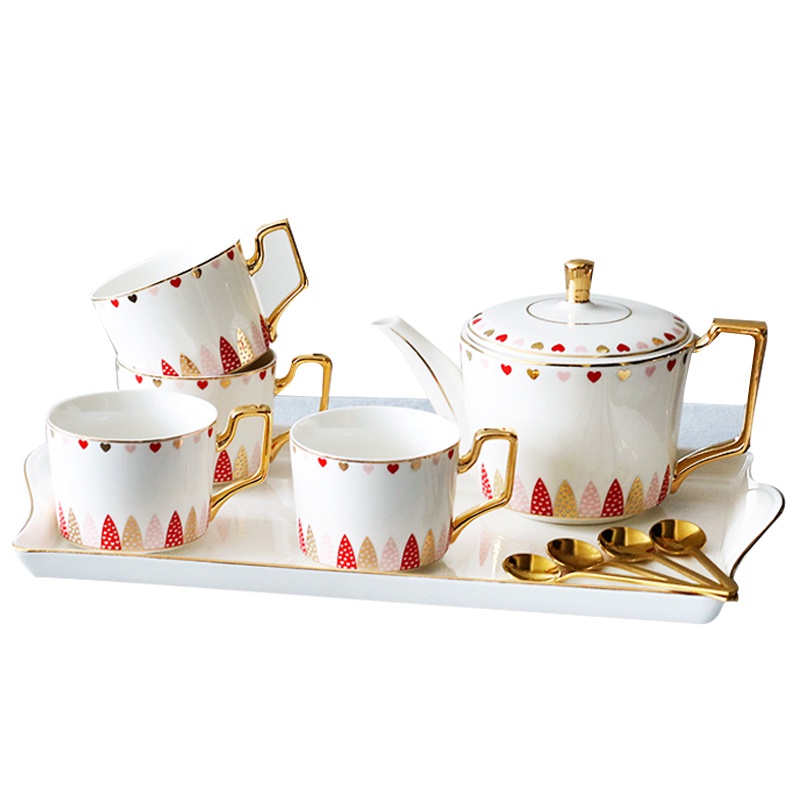 欧式整套咖啡具咖啡杯碟英式花茶下午茶陶瓷茶具套装创意家用(红粉色2杯2碟2勺1壶礼盒包装)
