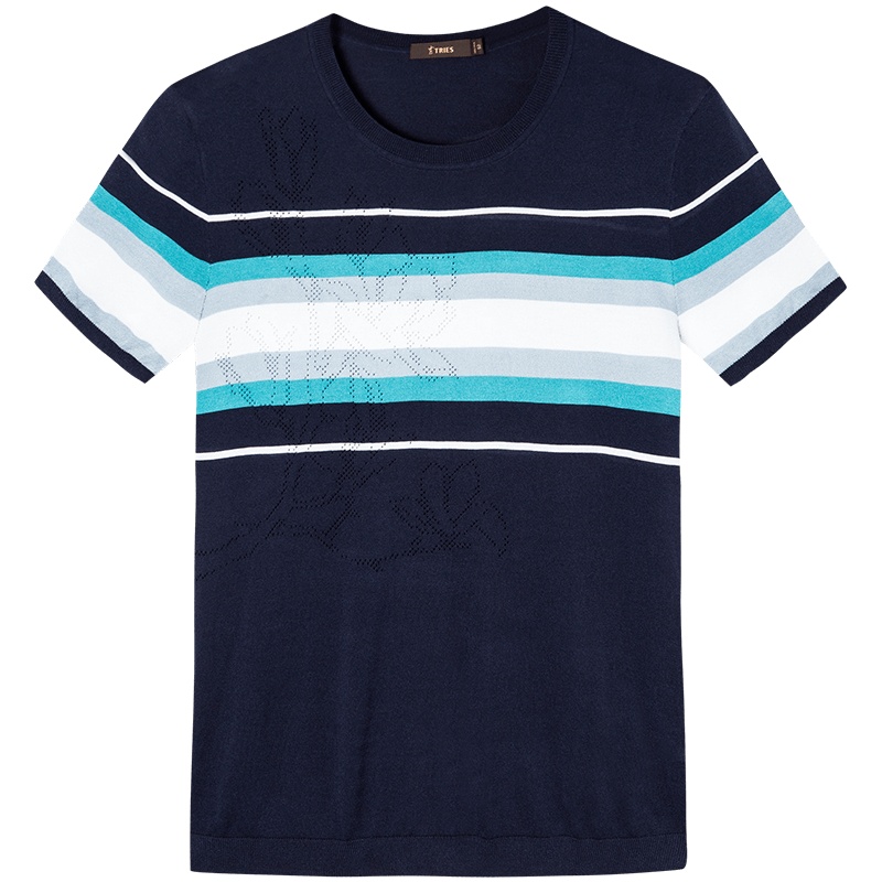 才子男装tries针织冰丝短袖T恤男夏季新款修身透气条纹桑蚕丝体恤