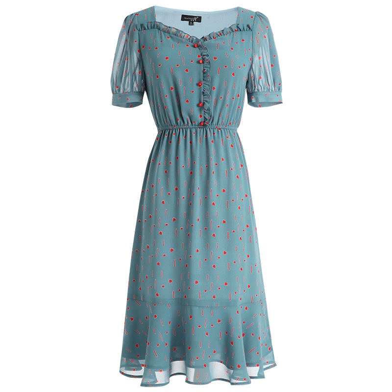 欧昵雪夏季方领木耳边收腰印花雪纺连衣裙女短袖荷叶边裙