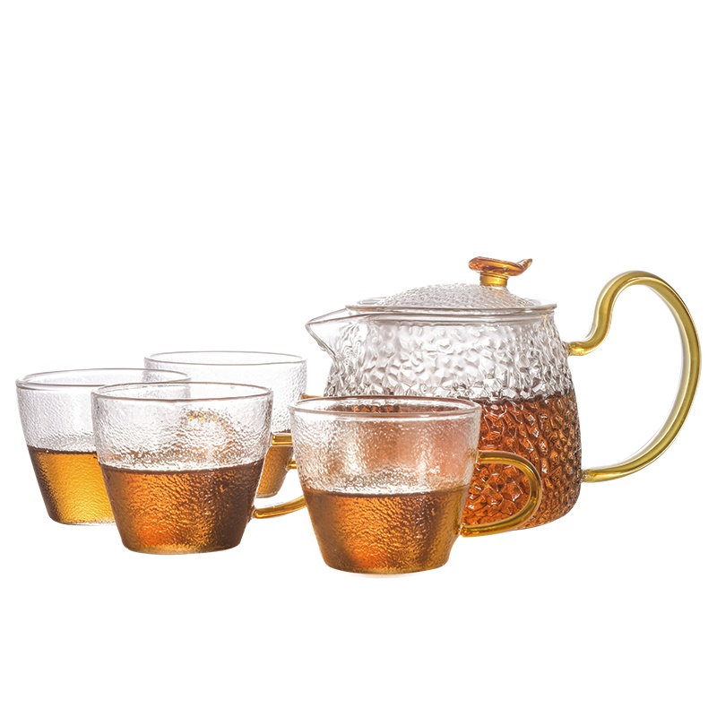 青苹果 玻璃茶具套装 耐热茶壶茶水分离 手工加厚锤纹日式风格 一壶四杯礼盒套装茶壶茶杯