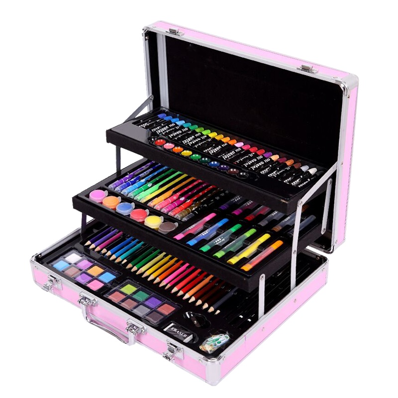 魔法棒158件女孩玩具女童生日礼物小学生益智儿童画画工具套装画笔礼盒小学生水彩笔绘画美术男孩玩具铝盒子三层