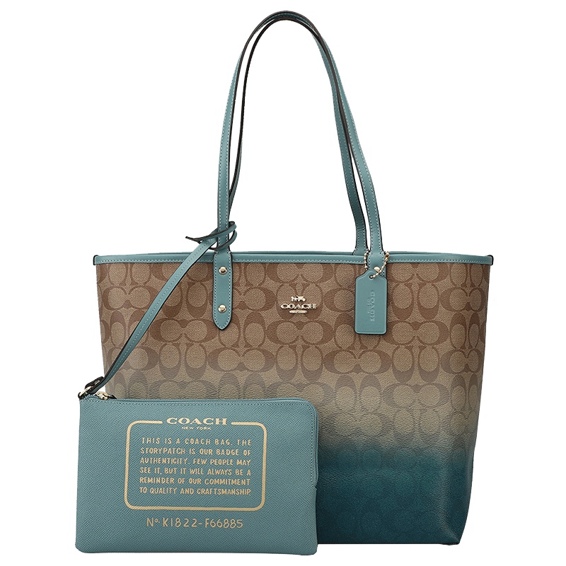 COACH 蔻驰 手提包女 女士卡其浅绿渐变色PVC手提单肩双面托特包