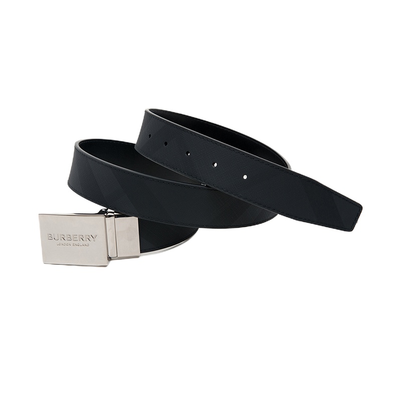 [20春夏新品]BURBERRY/博柏利 男士拼接双面两用饰牌搭扣 London格纹腰带 深炭灰/黑色 100