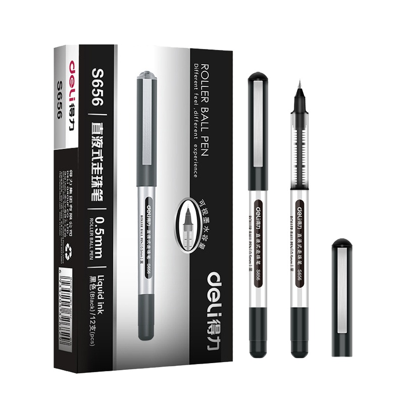 得力(deli)S656直液式走珠签字笔中性笔0.5mm 12支/盒 红/蓝/黑