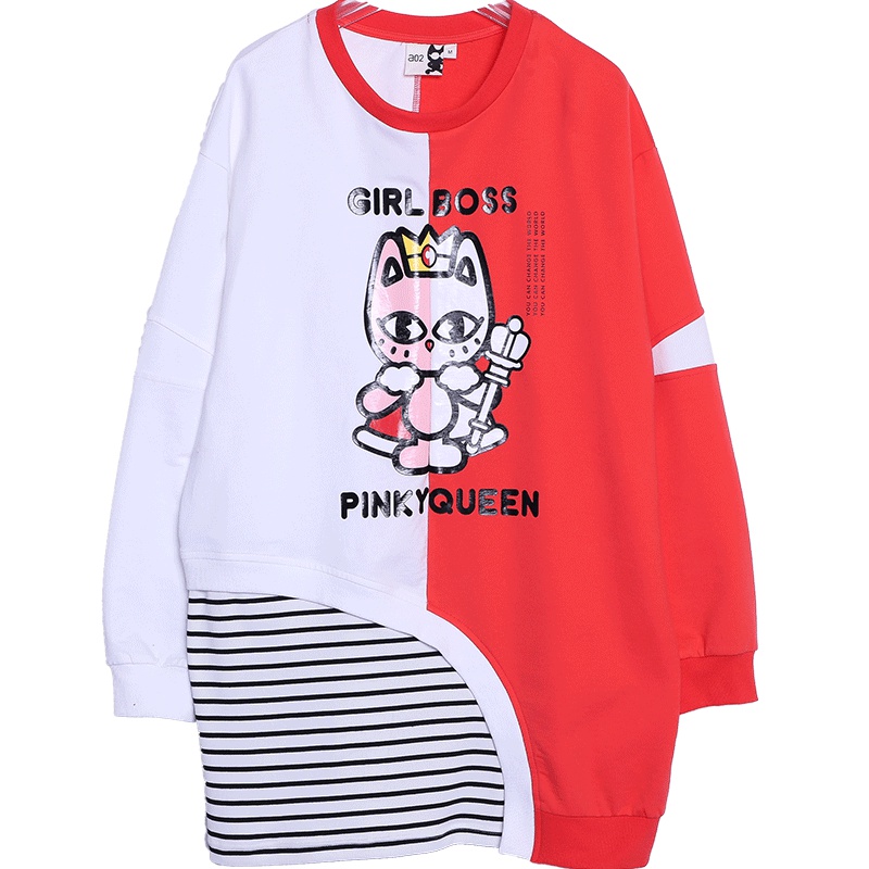 a02新款萌趣印花个性拼接宽松中长款卫衣裙女DTU1B0161DR