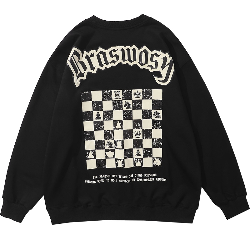 DEBRAND卫衣男春季2022新款宽松上衣潮牌ins棋盘印花圆领情侣外套