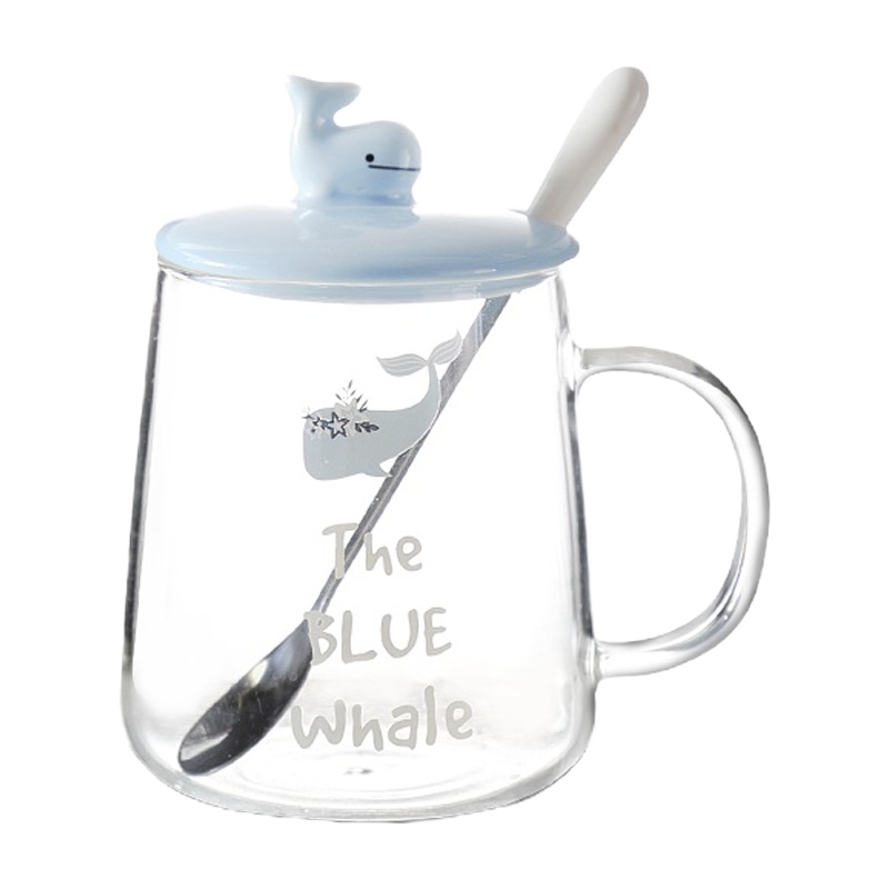 网红ins玻璃花茶水杯子带盖勺带把家用少女办公室透明可爱马克杯 封后 玻璃杯—鲸鱼—B