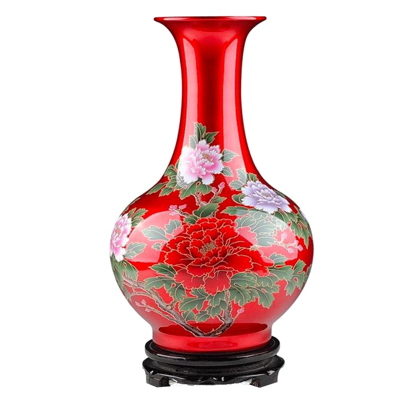 彩帮景德镇陶瓷器水晶釉花开富贵中国红花瓶 现代家居客厅工艺品摆件
