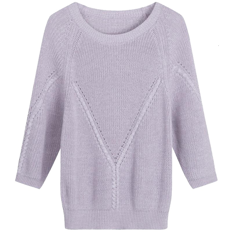 上新拉夏贝尔针织衫女新款时尚圆领韩版宽松百搭七分袖套头长款毛衣10018582