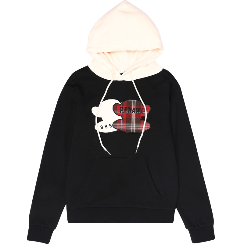 大嘴猴卫衣女初秋新款复古拼接连帽学生时尚帽衫 S 黑色