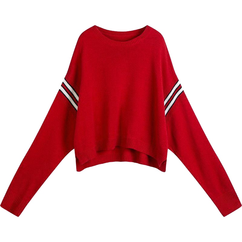 新款拉夏贝尔红色针织衫女春季新款韩版宽松打底套头圆领长袖毛衣1T000848