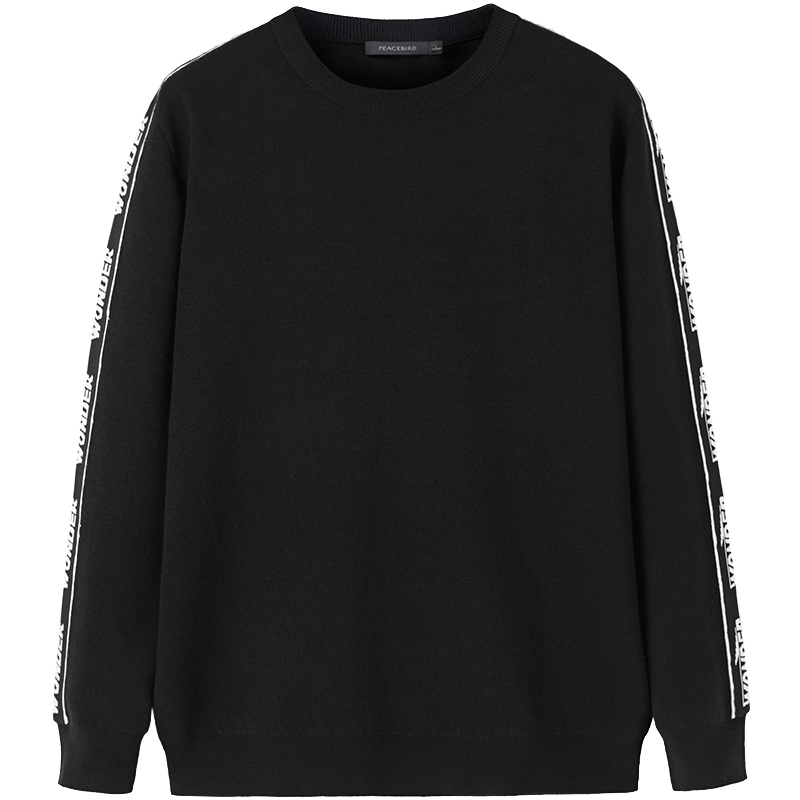 太平鸟男装秋季新款袖部字母胶印毛衫撞色设计罗纹圆领针织衫潮