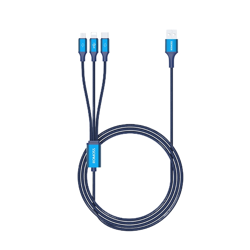 罗马仕(ROMOSS)一拖三充电线iPhone6苹果华为type-c三合一车载安卓 蓝色/1m两条装