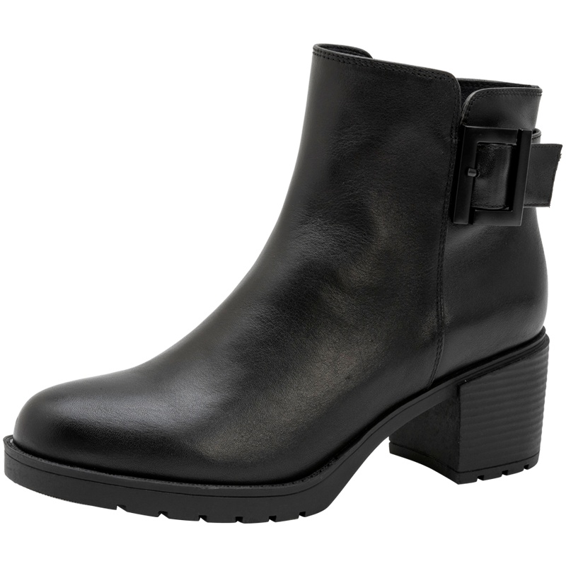 百田森女短靴真牛皮冬季新款尖头粗高跟加绒保暖皮带扣靴子女