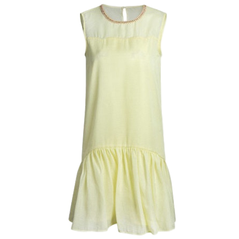 【福利款】拉夏贝尔Candie's夏甜美纯色无袖拼接圆领荷叶边连衣裙女30062056