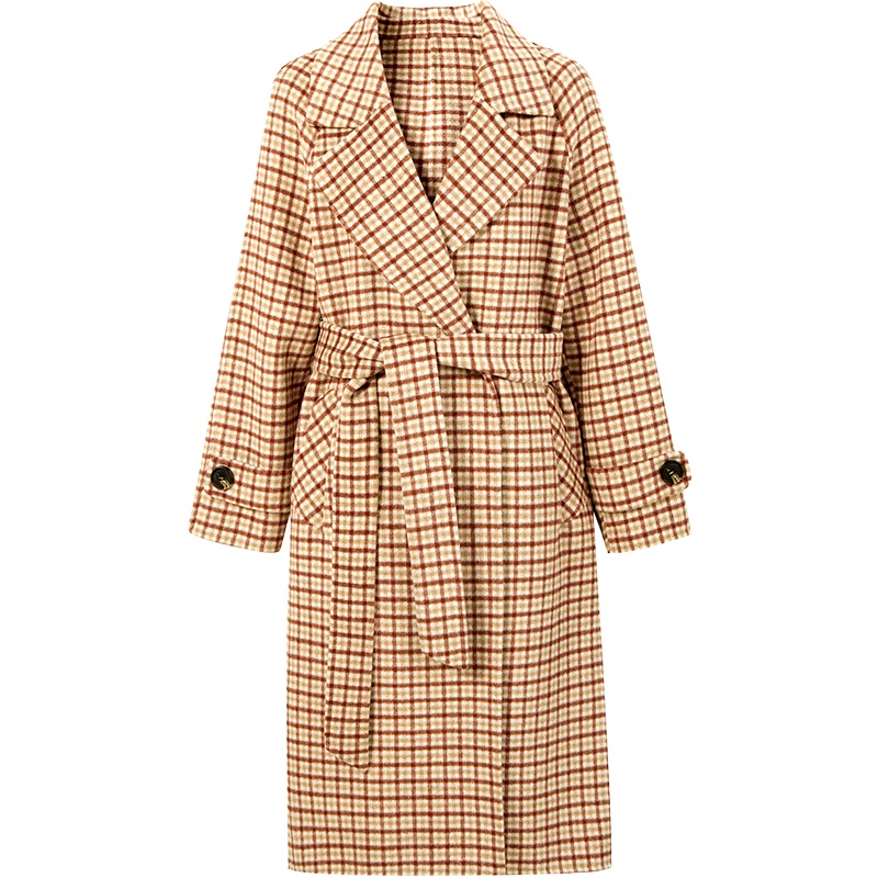 伊芙丽冬装新款韩版毛呢外套复古英伦风格子双面呢大衣女