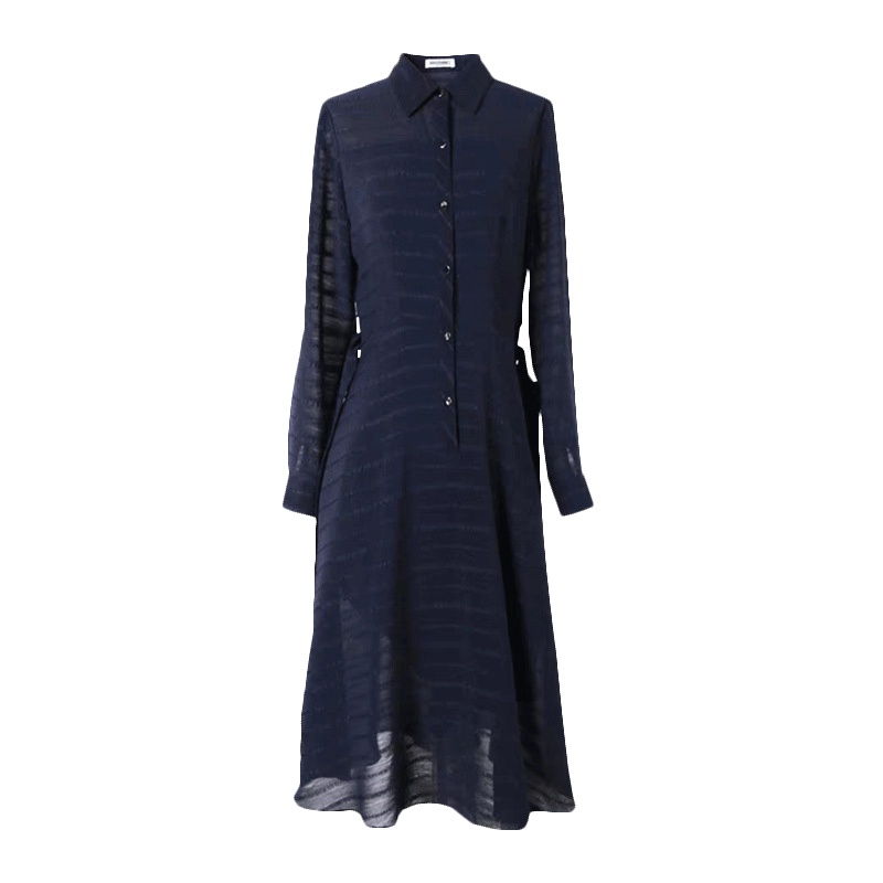 小样传奇  2022春季新款复古优雅深蓝色系带收腰修身显瘦条纹长袖衬衫连衣裙女潮中长款