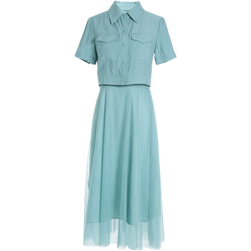 欧昵雪夏季时尚翻领短外套上衣+吊带网纱连衣裙女两件套