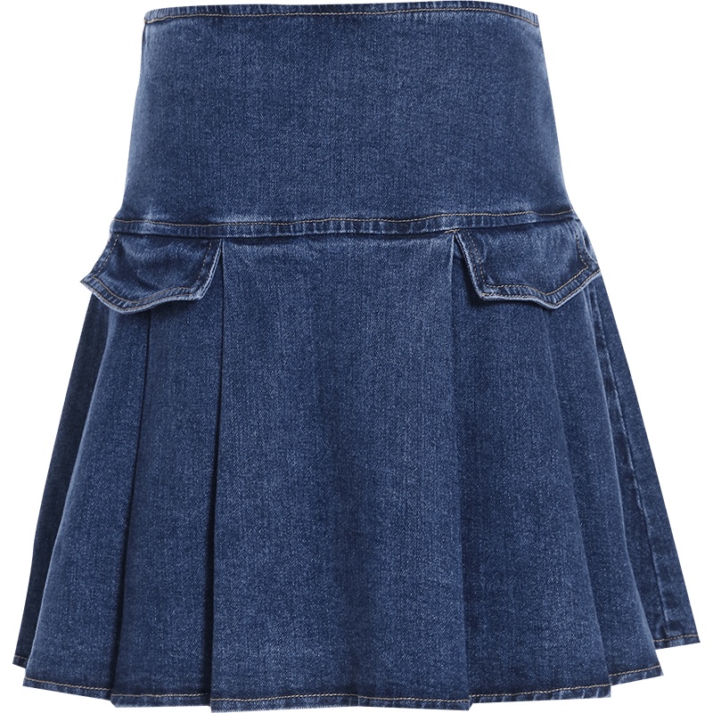 欧昵雪夏季高腰显瘦a字牛仔半身裙女荷叶边短款百褶伞裙