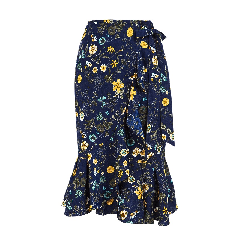 晚白新品时尚优雅百搭高腰印花包臀荷叶边鱼尾裙半身裙女