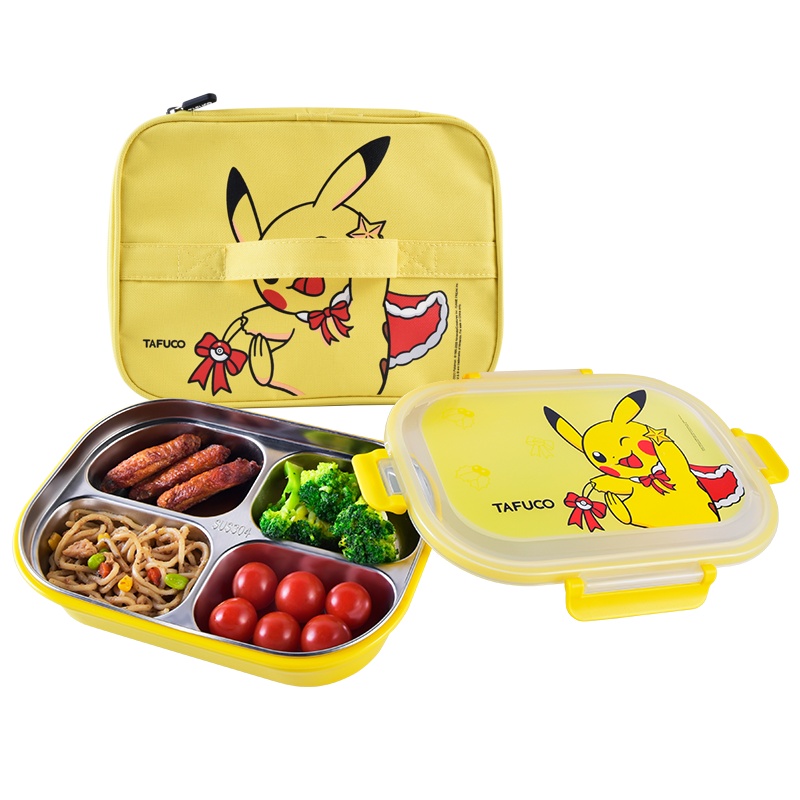 日本泰福高宝可梦皮卡丘餐盘304不锈钢学生饭盒4分格防烫手可注水加热餐盒