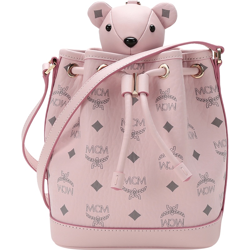 MCM 女士 人造革配皮小熊抽绳单肩斜挎水桶包 MWDAAXL01