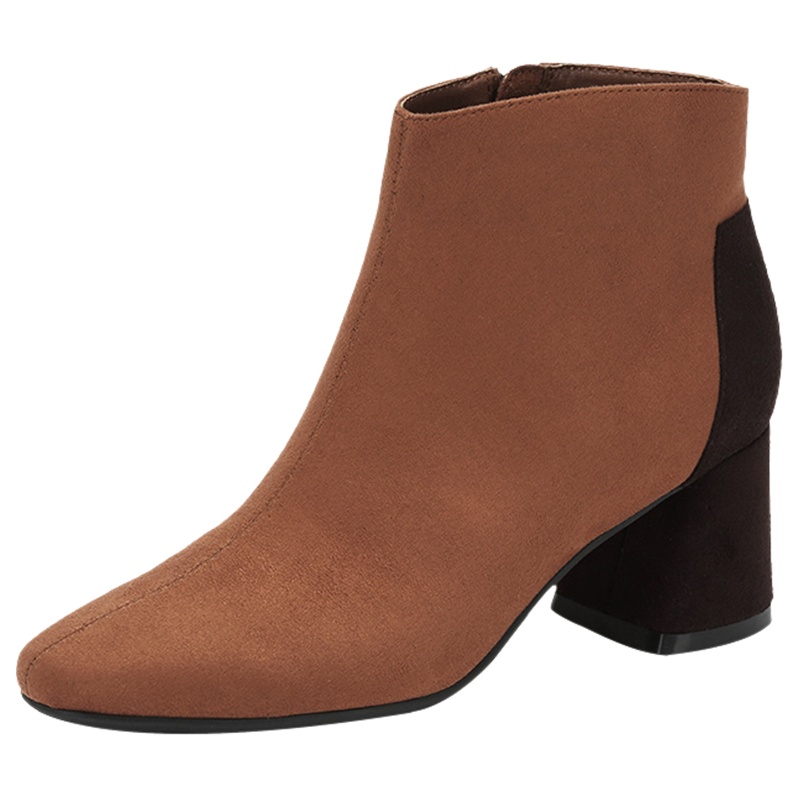 达芙妮冬新款绒面撞色拼接粗跟短靴中跟圆头女裸靴