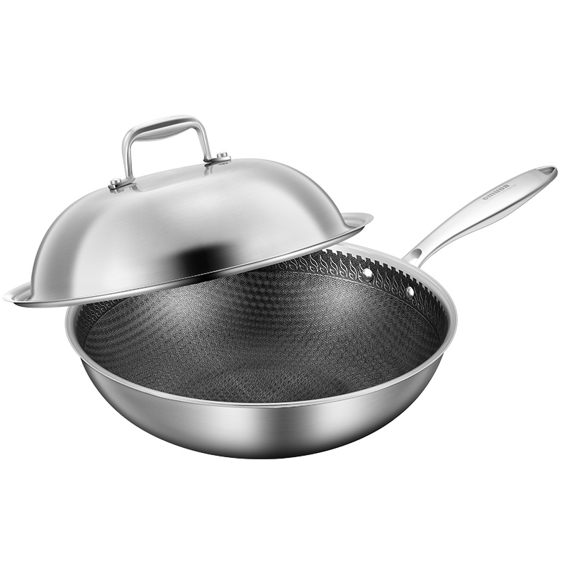 欧美达（omuDa）德国炒锅不粘锅304不锈钢无涂层少油烟炒菜锅多功能家用燃气灶电磁炉通用煎锅 电木手柄可视玻璃盖