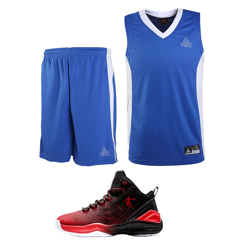 规格[篮球服红+蓝+乔丹篮球鞋 三件套 衣服尺码 M-5XL 鞋子尺码39-45]篮球训练套装吸湿排汗运动套装男