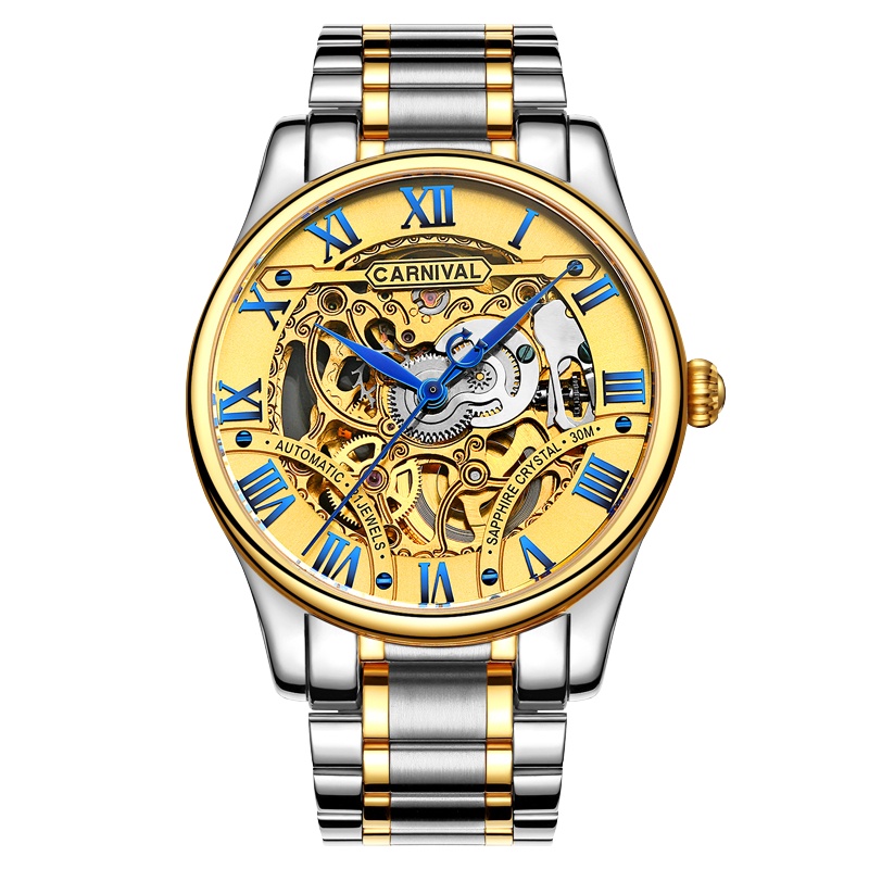 瑞士嘉年华Carnival正品名表男士休闲时尚镂空全自动机械表 男士防水透视男表真皮带手表钢带可选6420G