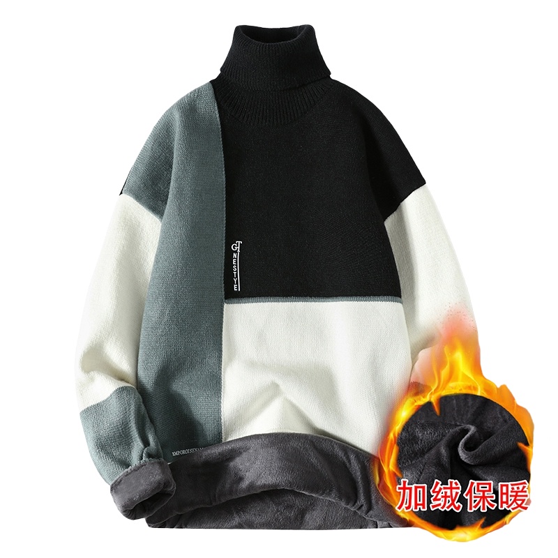 茜靓CHYLLIRN2020秋冬高领毛衣男加绒加厚保暖针织衫潮流翻领打底衫黑色毛线衣