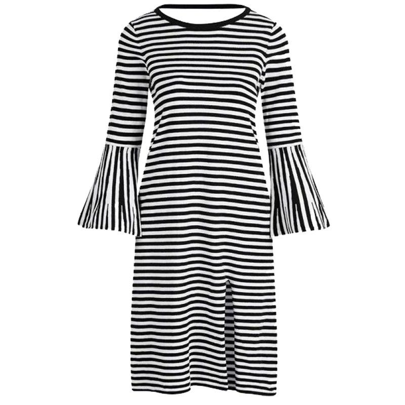 7M莫丽菲尔秋季新款韩版时尚直筒荷叶袖条纹针织连衣裙女70007558
