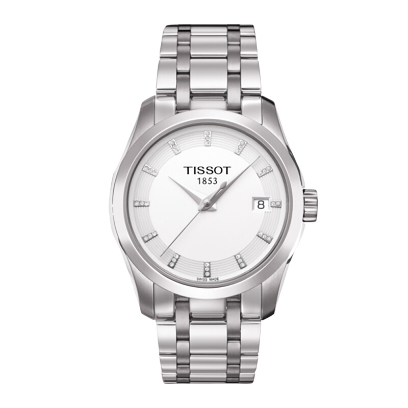 天梭TISSOT手表 欧美品牌 库图系列时尚女士石英表 白盘钢带