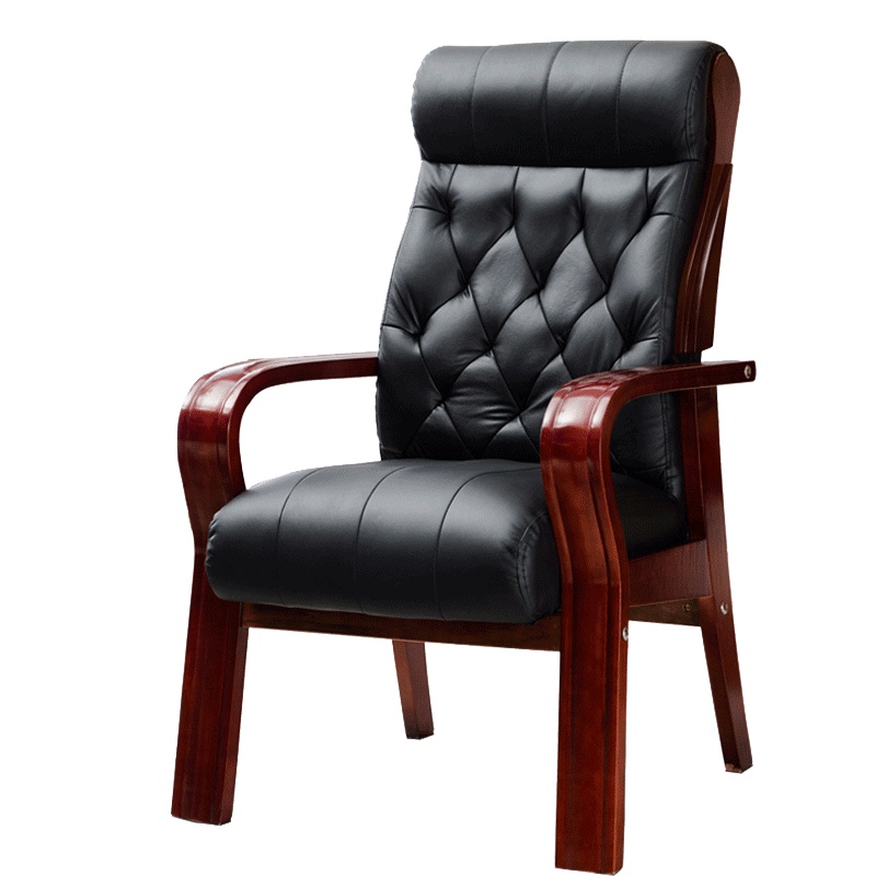 [田珍]办公家具 棕色实木真皮椅 小广架办公椅 电脑靠背老板椅 家用四脚办公椅现代中式不可升降职员会议室棋牌麻将椅