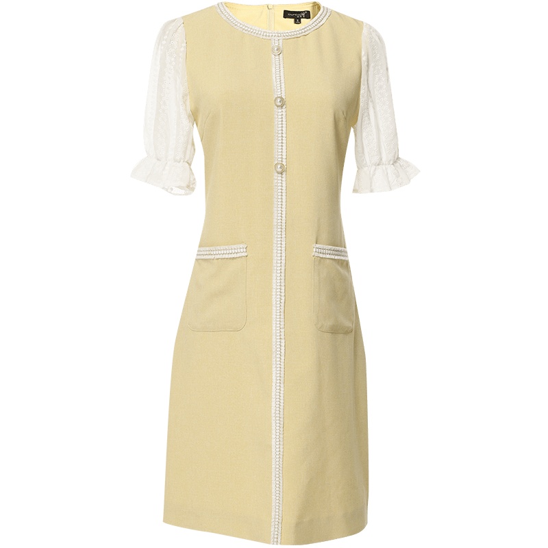 欧昵雪夏季小香风圆领拼接雪纺喇叭短袖连衣裙女显瘦中裙