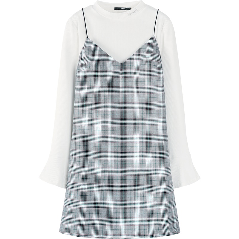 Semir森马套装女2019秋季新款半高领刺绣喇叭袖上衣吊带格纹裙子两件套