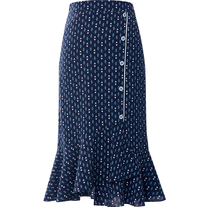 欧昵雪夏季高腰中长款印花半身裙女显瘦不规则包臀鱼尾裙