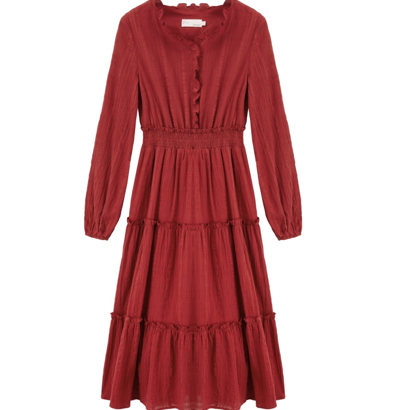 茵曼梨涡 复古少女文艺木耳边V领连衣裙酒红色中长裙法式茶歇裙秋