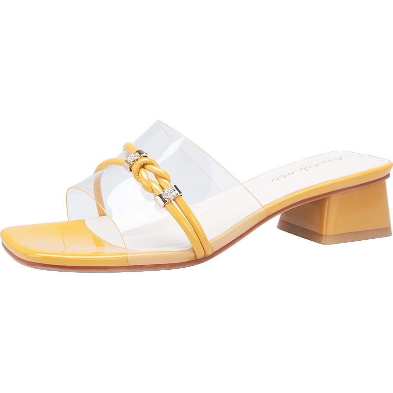 阿么夏季穆勒鞋露趾透明方头低跟凉鞋粗跟韩版百搭外穿凉拖鞋女