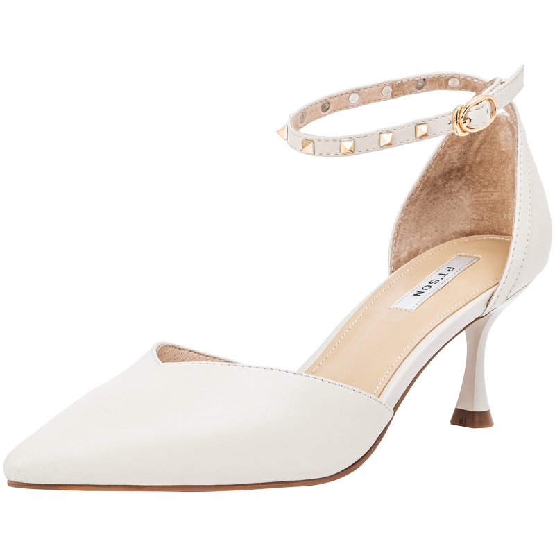 百田森春款包头凉鞋女尖头外穿铆钉细高跟宴会一字带仙女凉鞋