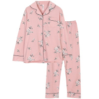 红豆居家(Hodohome) 女士纯棉翻领长袖家居服套装女式撞色清新印花长袖睡衣