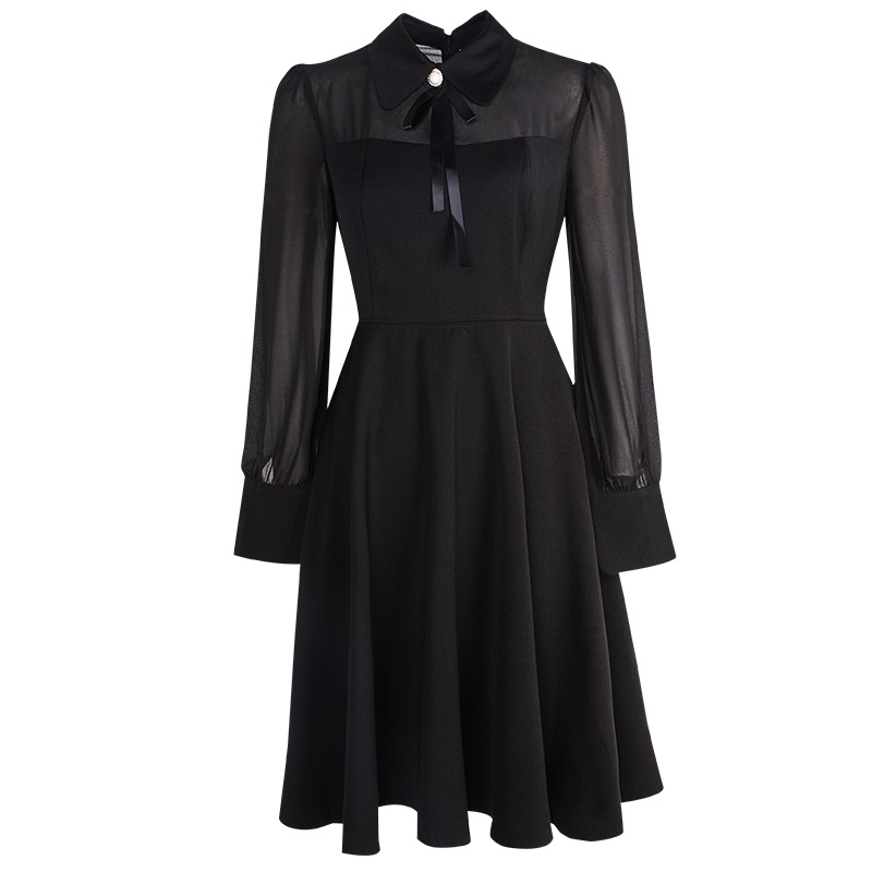 晚白女裙装2019春季新品通勤纯色翻领收腰拼接中长款A摆长袖连衣裙