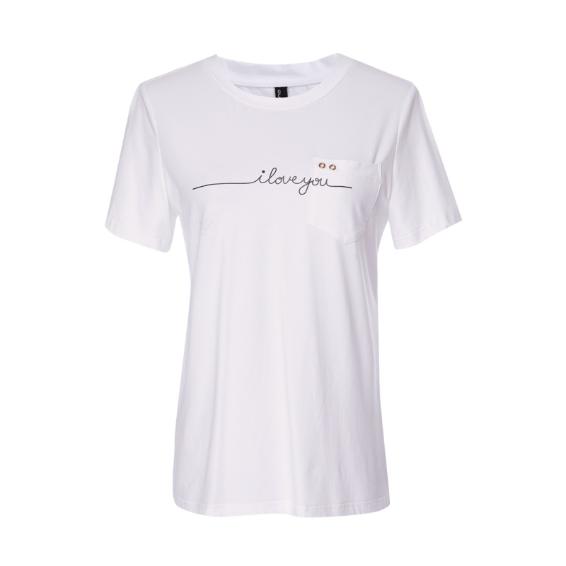 欧昵雪夏季休闲纯色圆领字母显瘦T恤女简约短袖棉上衣