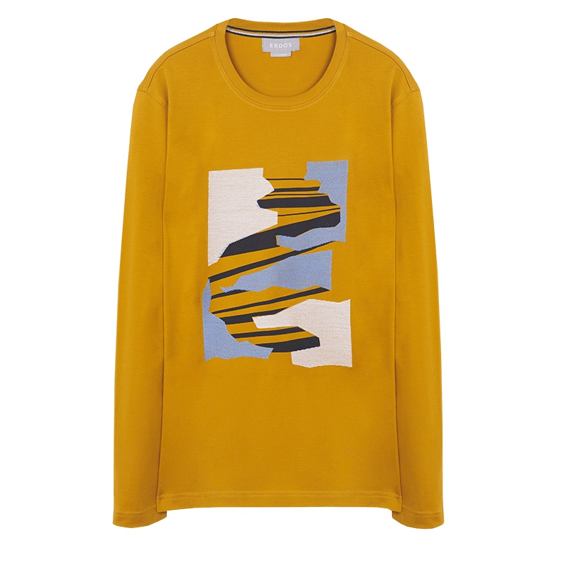 鄂尔多斯撞色图案轻薄莫代尔棉男士长袖T恤