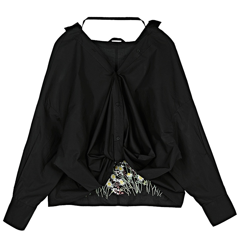 sdeer圣迪奥2019春装新款女V领花卉刺绣不规则摆衬衫S19180505