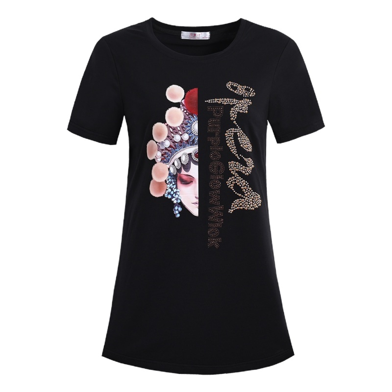 小样传奇黑色M-5XL 纯棉短袖t恤女宽松夏装2021新款大码女装妈妈中长款全棉印花上衣