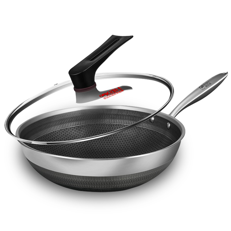 康巴赫(KBH)锅具 316L不锈钢双面花纹 第三代旗舰款炒锅 送刀铲勺三件套[刀具管制地区,赠品刀更换油壶]