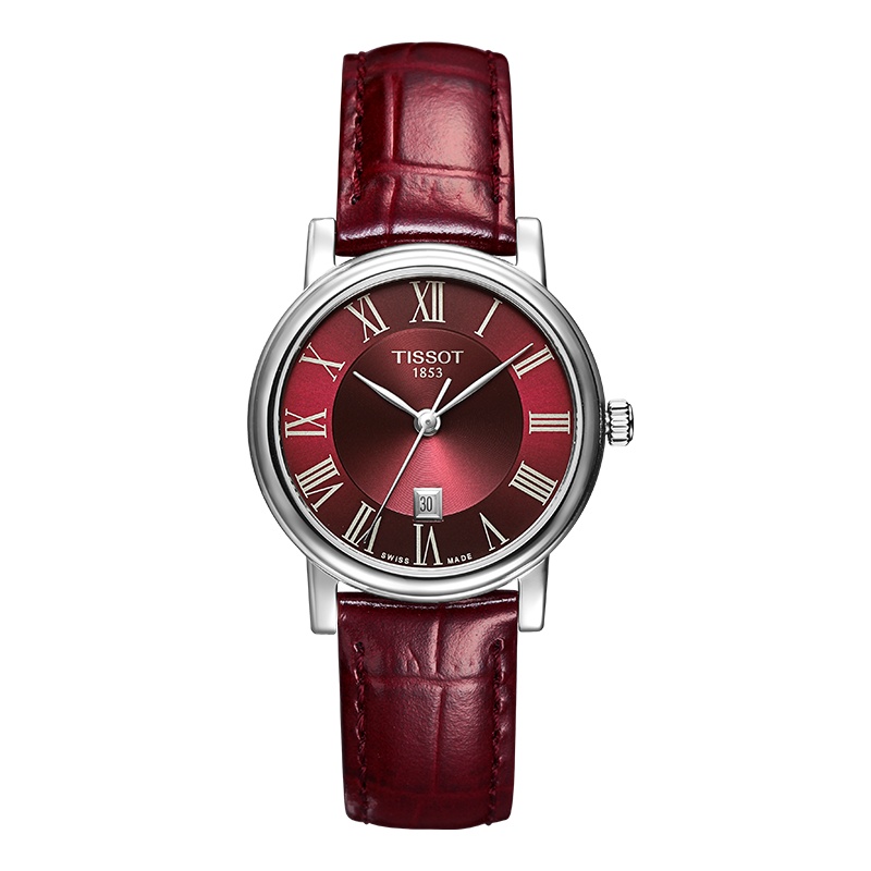 [2021新品]天梭(TISSOT)瑞士手表 卡森臻我系列酒红色表盘皮带女士石英表T122.210.16.373.00