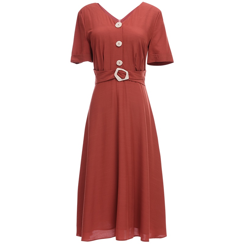 欧昵雪夏季复古桔梗法式V领收腰短袖显瘦连衣裙女a字中裙